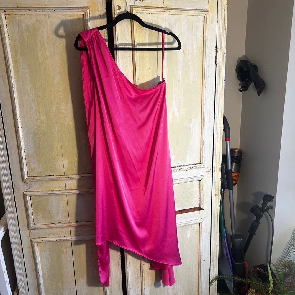 NWT One-Shoulder Hot Pink Satin Dress